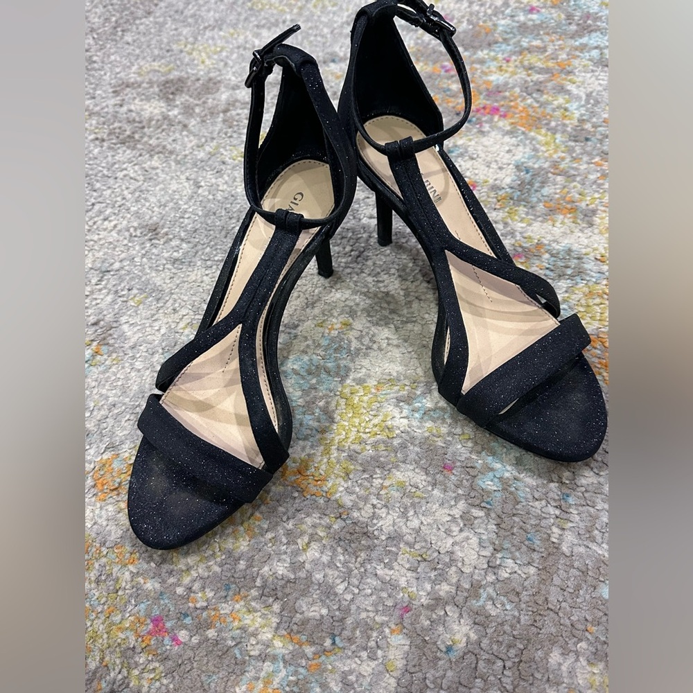 Gianni Bini Black Sparkle T-Strap Heels